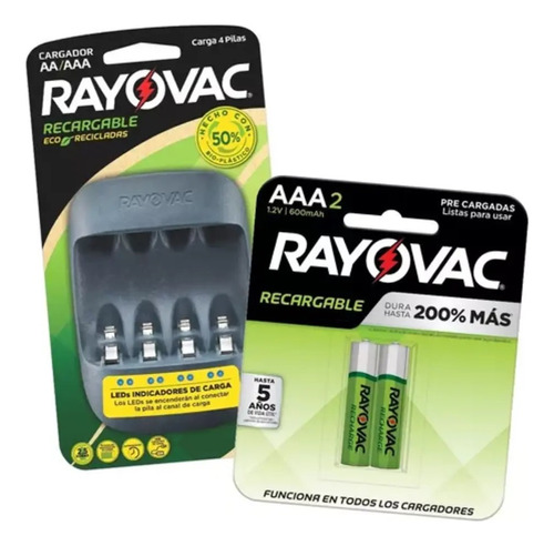 Cargador De Pilas Rayovac Usb + 2 Pilas Recargables Aaa