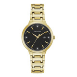 Reloj Bulova Diamonds Dorado Original Mujer Time Square Color Del Fondo Negro