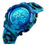 Reloj Niños Deportivo Led Contra Agua Camuflaje Militar Nado Color De La Correa Azul Claro