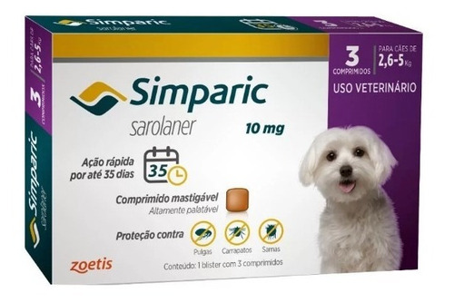 Simparic 10mg Para Cães De 2,5kg Até 5kg Com 3 Comprimidos