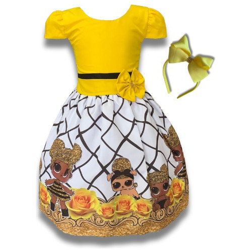 Vestido Infantil Temático Lol Dourada Luxo Fantasia + Brinde