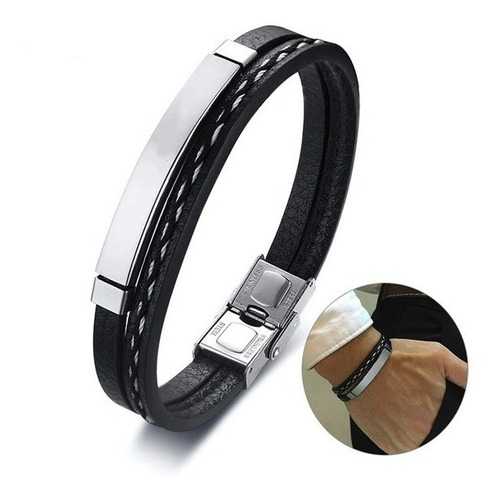 Pulsera Hombre De Cuero Esclava Brazalete Acero Inoxidable