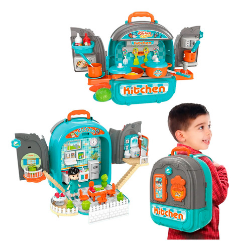 Mochila Cocina 3 En 1 Juguete Playset Plegable Accesorios Color Celeste