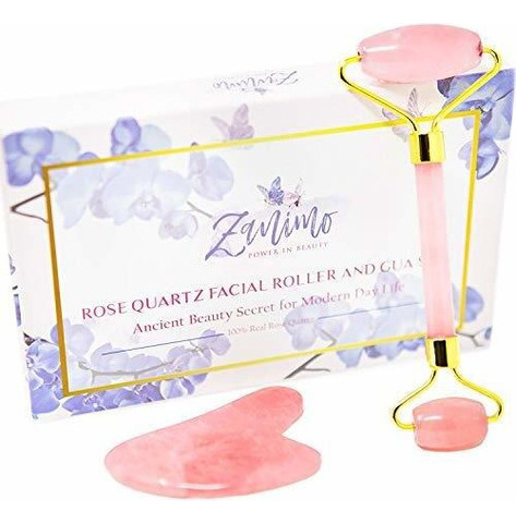 Zanimo Rodillo Facial De Cuarzo Rosa Y Gua Sha  Rodillo Anti