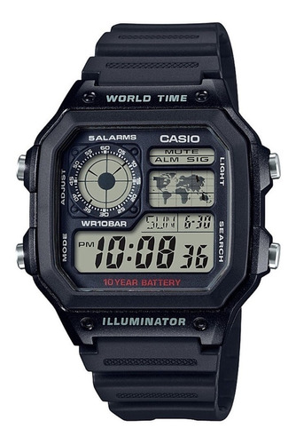 Relógio Casio Ae-1200wh-1a Masculino Mundial Quadrado 5 Alarmes Cor Da Correia Preto