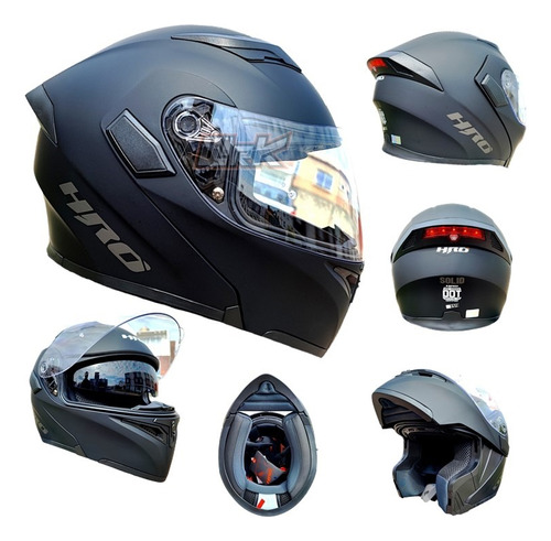 Casco Para Moto Negro Mate Abatible Hro Luz Trasera Dot Ntc