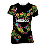 Playera Full Print Dama Negra Flores Mapa México Colores 801