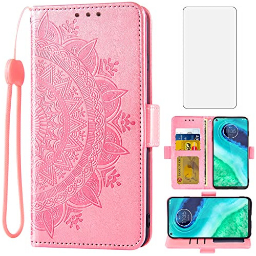 Funda Para Moto G8 Mandala Flip Cover + Vidrio Cuiero Rosa