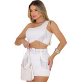 Conjunto Shorts Saia E Cinto E Cropped Strass Lançamento Top