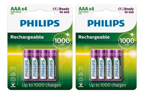 8 Pilhas Recarregável Palito Philips Aaa 1000mah Hr03 Nfe