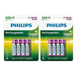 8 Pilhas Recarregável Palito Philips Aaa 1000mah Hr03 Nfe