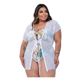 Kimono Saída Praia Curta Plus Size Amarrar Premium