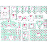Kit Imprimible  Shabby Chic Aqua+rosa Con Texto Editable
