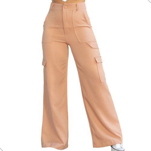 Calça Feminina Pantalona Alfaiataria Cargo Wide Leg Bolsos