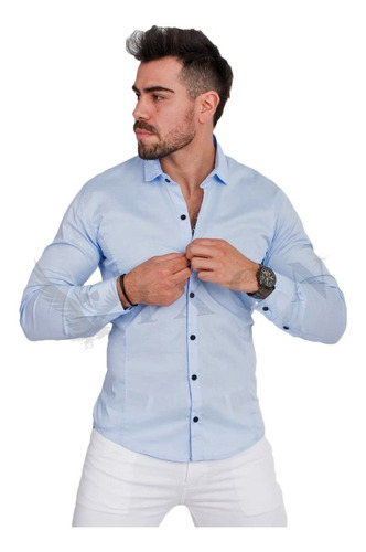 Camisa Entallada Elastizada Manga Larga Slim Fit Al Cuerpo