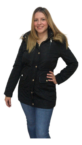 Parka Mujer Marittimo Acolchada Detalle Cuero En Hombros Gorro Desmontable Negro