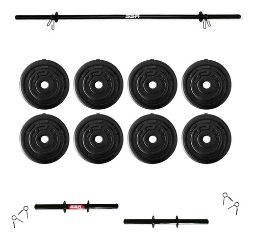 Kit 80lb Pesas Mancuernas Ajustables + Barra Recta + Discos Color Negro