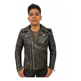 Chamarra Biker De Piel Para Hombre Negra Rocker Doble Cierre