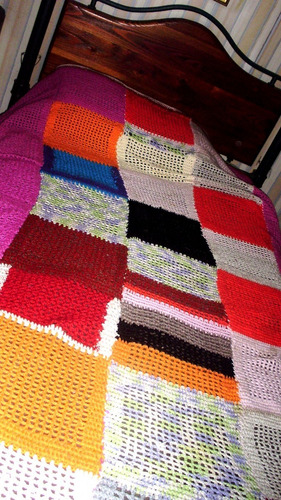 Antigua Manta Cama-sillon Forrado 2.05x1.45 Crochet A Mano 