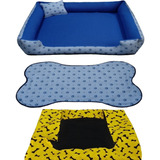 Cama Para Cachorro Grande Gg 95x95 Cm + Tapete E Capa Extra Cor Cama Azul + Capa Amarela