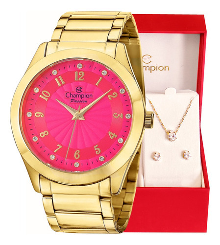 Relógio Champion Feminino Dourado Rosa + Colar E Brincos