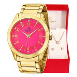 Relógio Champion Feminino Dourado Rosa + Colar E Brincos