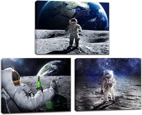 Set 3 Cuadros Decorativos Astronauta Espacio Luna Unico