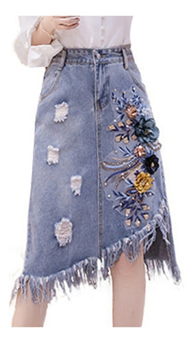 Faldas Midi De Jean Con Apliques De Flores Para Mujer