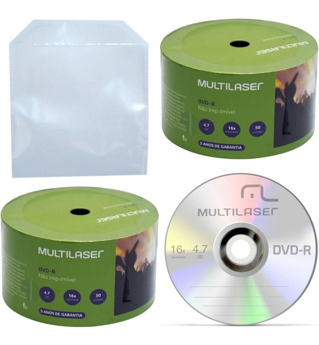 100 Midia Dvd-r Virgem Multilaser 4,7gb Com Logo+100 Envelopes De Plástico Transparente Com Aba Sem Cola