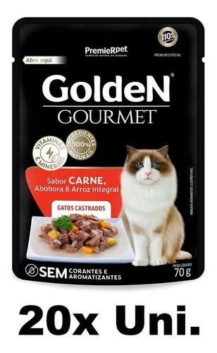 Sachê Golden Gourmet Gatos Castrados Carne 70g - 20 Uni.