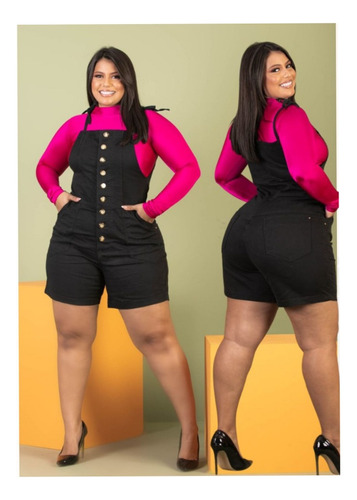 Macacão Salopete Curto Jeans  - Plus Size Com Lycra