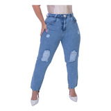 Calça Jeans Mom Plus Size Destroyed Cintura Alta Casual