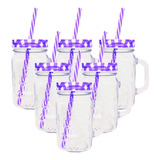 6 Tarros Mason Jar Ice Cold Drink Tapa Y Popote Mayoreo Asa Color Grabado Tapa Mantel Morado