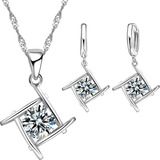 Set Plata 925 Cuadrado Aros Y Collar Pendientes Mujer Regalo