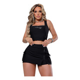 Conjunto Feminino Preto Shorts Saia E Cropped Premium Rhero