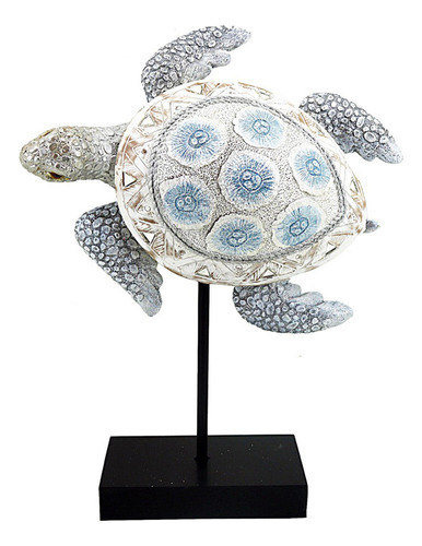 Escultura Tartaruga Branco E Azul Em Resina Decorativa Mar G