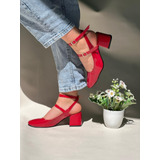 Zapatos De Tacon Estilo Maryjane Rojo Charol