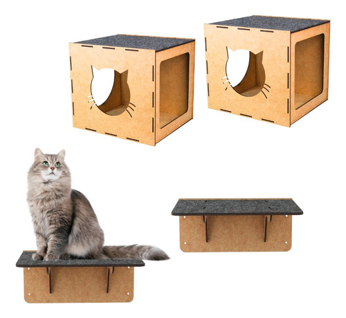 Playground Para Gatos 4 Peças Nichos E Prateleiras Em Mdf Cor Cru