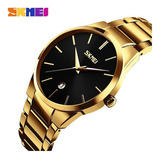 Reloj De Pulsera Skmei De Lujo Con Calendario De Acero Inoxi Color Del Fondo Golden Black