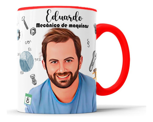 Caneca Com Caricatura Personalizada Ícones Alça Vermelha