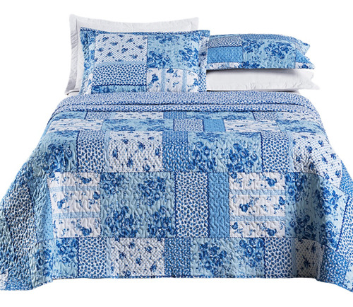 Colcha Queen 03 Peças Dupla Face Bouti Floral Cor Azul Sereno Patchwork