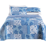 Colcha Queen 03 Peças Dupla Face Bouti Floral Cor Azul Sereno Patchwork