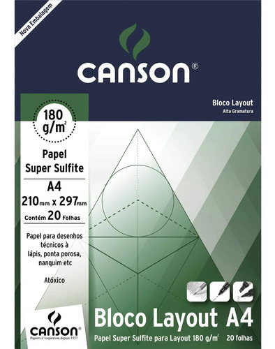 Bloco Papel Desenho Canson Layout Super Liso 180gr A4 20 Fls