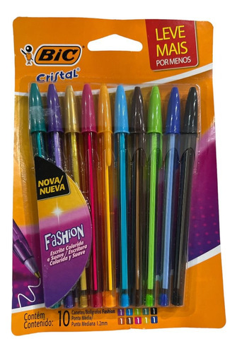 Caneta Bic Cristal Fashion Fina 1.2mm 10 Cores 