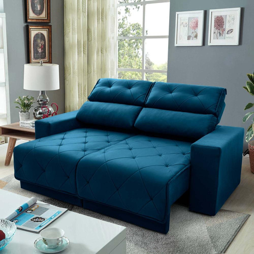 Sofá Retrátil/reclinável Belga 2,00m Velut Azul C/ Molas