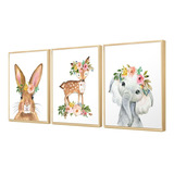 Kit 3 Quadros Decorativo Jogo Infantil Animais E Flores 