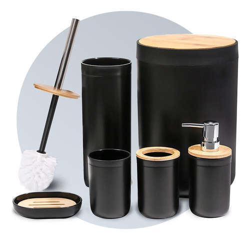 Kit Banheiro Conjunto Completo Lixeira 6 Peças Bambu Lavabo