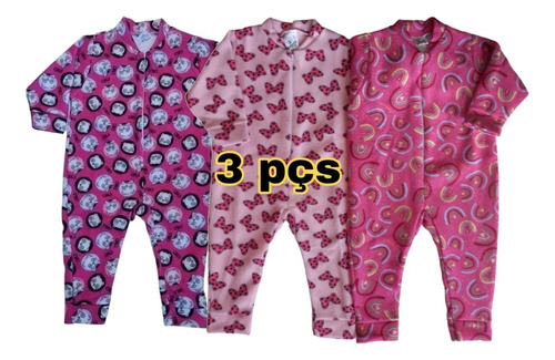 Kit 3 Macacão Com Zíper Unisoft Pijama Infantil 1 - 2 - 3