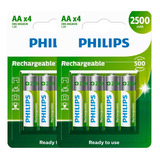 8 Pilhas Recarregaveis Aa Philips  (2  Cart)