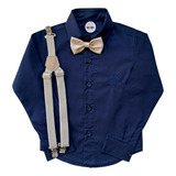 Kit Camisa Social Infantil Menino Com Suspensório E Gravata